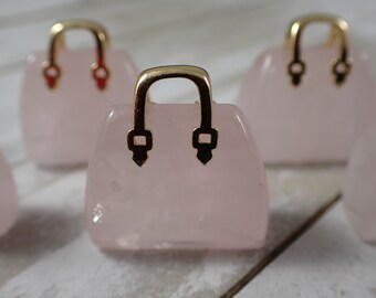 Rose Quartz Crystal Handbag Carving - Mini Pink Gold Crystal - Standing Smooth Polished Purse - 1 .25 Inch Pink Rose Quartz Purse MINIS#1092