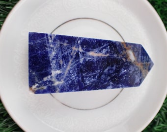 Natural Sodalite Crystal Tower - Blue White Gray Brown Square Tower - Smooth Finish Blue White - 2.75 Inch Crystal Tower Stands #TOWER#1274