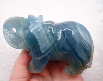 Natural "Good Luck" Blue Onyx Elephant Crystal - Blue White Brown Elephant Figurine - 4.25 Inch Elephant Crystal - Blue Onyx #ANMLS#1271