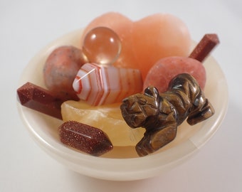Sacral Chakra Crystal Bowl - All Crystals Included - Honey Calcite Sunstone Citrine - Tiger Eye Calcite - Gold Sandstone Carnelian SACRAL-1