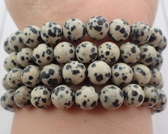 One Dalmatian Jasper Crystal Bracelet - 8mm Smooth Round Beads - Gray Beige Black - Natural Dalmatian Crystal Bead Bracelet - #BRCLT#1060