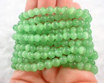Pretty Light Green Cats Eye Crystal Beaded Bracelet - 5mm Smooth Round Beads - Cats Eye Crystal Beads - Shiny Green Bracelet #BRCLT#1164