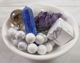 Tension Release Crystal Bowl Set - All Pieces Included - Migraine Relief - Lapis Lazuli - Howlite Bracelet - Moonstone Smoky Quartz Amethyst