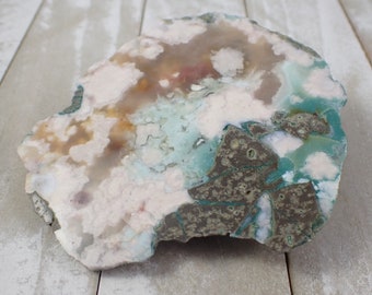 Lovely Natural Flower Agate Crystal Slab - Blue Pink Thick Rough Edge & Back - 4 Inch Smooth Polished Flower Agate Crystal Slab #SLABS#1000