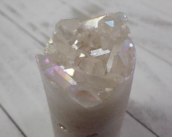 1 Piece Aura Quartz Crystal Cylinder Cluster - Rough Texture Round Cluster Top - 67x35mm Rainbow AB Finish - Does Not Stand Well #CYLDR#1002
