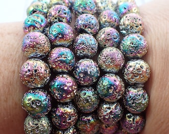 One Dark Aura Rainbow Lava Bead Bracelet - 10mm Round Textured Beads - Shiny Blue Green Pink - Dark Round Aura Rainbow Beads - #BRCLT#1061