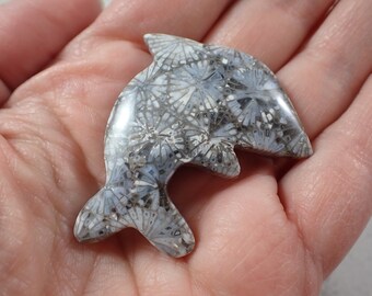 Awesome Dolphin Shaped Crystal - Natural Fossil Coral Crystal - White Blue Gray Coral - 1.75 Inch Flat Back Smooth Polished #ANMLS#1092