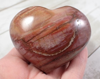1 Piece Natural Petrified Wood Heart Carving - Large Thick Chunky Heart - Smooth Polished Natural Texture - 69x56x38mm Red Maroon HEART#1028