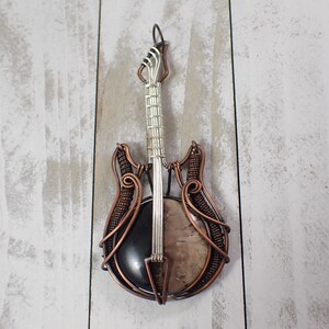 Gorgeous Wire Wrapped Pal Root Crystal Guitar - Crystal Coin Cabochon - Silver Copper Wrapped Pendant - 3.75 Inch Cab Guitar #PNDNT#1099