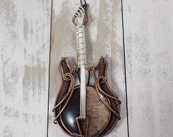 Gorgeous Wire Wrapped Pal Root Crystal Guitar - Crystal Coin Cabochon - Silver Copper Wrapped Pendant - 3.75 Inch Cab Guitar #PNDNT#1099