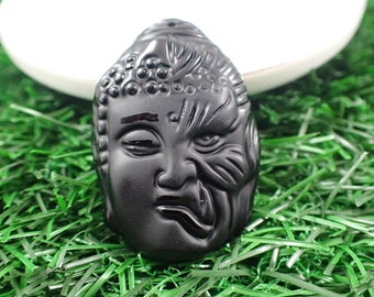 Awesome Black Obsidian Half Scar Face Buddha Pendant - Shiny Matte Black Crystal - 1.75 Inches Black Obsidian Buddha Pendant #PNDNT#1047
