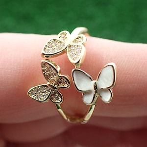 Cute Gold Butterfly Crystal Ring - Clear Quartz Enamel Butterflies - Silver Plated Copper Butterfly Ring - Adjustable White Ring #RINGS#1071