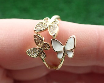 Cute Gold Butterfly Crystal Ring - Clear Quartz Enamel Butterflies - Silver Plated Copper Butterfly Ring - Adjustable White Ring #RINGS#1071