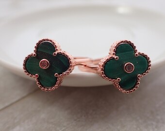1 Piece Natural Malachite Flower Adjustable Crystal Ring - Large Green Banded Flower Shaped Crystal - Rose Gold Metal Adjustable #RINGS#1040