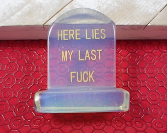 Funny Opalite Headstone Crystal Carving - Here Lies My Last F@ck Gravestone - 2.75 Inch Crystal Cemetery Stone Carving Gold Text #CRVNG#2211