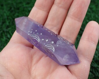 1 Piece Purple Fluorite DT Crystal Point - Faceted Fluorite Crystal Double Terminated Point - Silver Moon Stars 63x20mm DT Point #DTPNT#1013