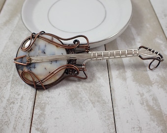Gorgeous Wire Wrapped Dendrite Agate Guitar - Crystal Coin Cabochon - Silver Copper Wrapped Pendant - 4 Inch White Cab Guitar #PNDNT#1104