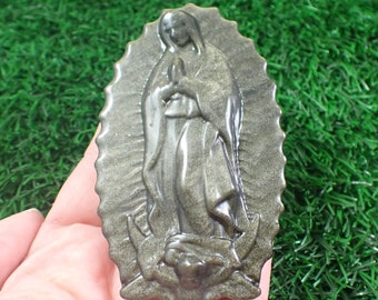 Golden Sheen Obsidian Mother Mary Crystal Carving - Scalloped Oval Crystal - Religious Figure Mother Mary - Gold Black 3.5 Inch #RELGS#1003