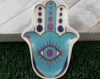 Small Hamsa Hand Glass Tray for Crystals - Purple Teal Navy White Gold Edge - Evil Eye Flat Hamsa Hand - 4.5 Inch Hand Glass Bowl BOWLS#1107