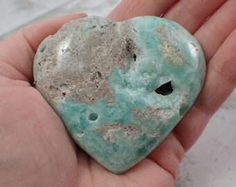 1 Piece Natural Aragonite Crystal Heart Carving - Large Textured Heart - Aqua Blue White Brown - 69x64x18mm Aragonite Crystal #HEART#1086