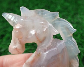 1 Piece Natural Flower Agate Crystal Unicorn Carving - Pink Purple Druzy Agate - Small Unicorn Head Carving - 50x48x17mm Unicorn #ANMLS#1053