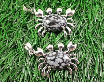 1 Piece Snowflake Obsidian Crab Crystal Pendant - Silver Metal Corner Hanging Pendant - 30x23x7mm Oval Cabochon Silver Crab #PNDNT#1027