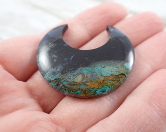 Pretty Dyed Palm Root Crystal Moon Cabochon - Black Brown Turquoise Moon - 1.5 Inch Fossilized Palm Root Crystal - Crescent Moon #CBCHN#1103
