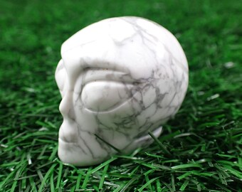 Bright White Howlite Crystal Alien Skull - Smooth Polished Carving - White Gray Vein Crystal - 2 Inch Howlite Alien Skull Carving SKULL#1034