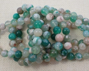 One Green Flower Agate Crystal Bead Bracelet - 10mm Smooth Round Beads - Shiny Green Pink - Natural Crystal Bracelet - #BRCLT#1105