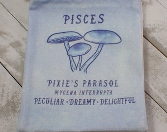 1 Piece Pisces Mushroom Linen Fabric Tarot Card Pouch - Pisces Blue White Zodiac Crystal Bag - 6.75x5.5 Inch Pisces Shrooms Bag #POUCH#1038