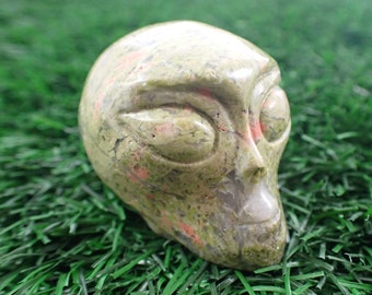 Pink Green Unakite Crystal Alien Skull Carving - Smooth Alien Head - Standing Crystal Alien Skull - 2 Inch Natural Unakite Alien #SKULL#1041