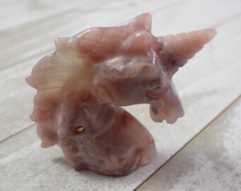 1 Piece Natural Flower Agate Crystal Unicorn Carving - Pink Purple Gray - 2.25 Inches Small Pink Unicorn Head Carving 50x48x17mm #ANMLS#1066