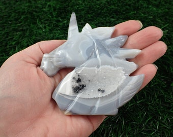 Large Natural Sparkly Druzy Agate Crystal Unicorn - Gray White Black - Unicorn Animal Carving Druzy Agate - 3.75 Inch Gray White #ANMLS#1143