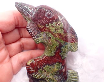 Dragon Bloodstone Crystal Animal Figurine - Green Red Standing Dolphin - 3.25 Inch Natural Dragon Bloodstone Home Decor Dolphin  #ANMLS#1282