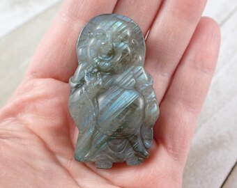 Happy Flashy Labradorite Crystal Buddha Carving - Blue Green Big Belly Buddha Carving - 2 Inch Flashy Labradorite Crystal Buddha #RELGS#1014