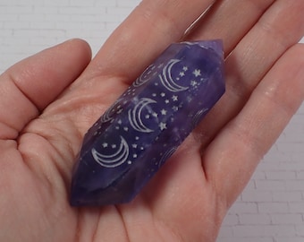 Small Purple Fluorite Double Terminated Crystal - Silver Moons & Stars Faceted - 2.75 Inch Banded Fluorite - DT Point Crystal #DTPNT#1007
