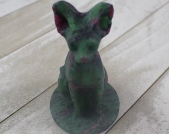 UV Reactive Ruby in Zoisite Hairless Cat Carving - Sitting Cat Crystal - 3 Inch Hairless Cat - Green Purple Ruby Crystal Natural #ANMLS#1025