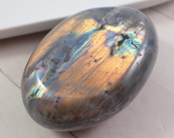 1 Piece Natural Labradorite Palm Stone - Strong Orange Blue Flash - Large Thick Oval Palmstone - Gray Silver Smooth Labradorite #PALMS#1020