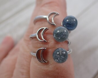 1 Piece Adjustable Crystal Aquamarine Ring - Silver Moon Ring Stainless Steel - Natural Aquamarine Sphere Ring - Adjustable Aqua #RINGS#1015