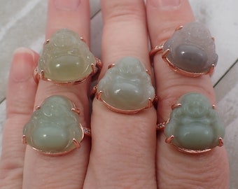 1 Piece Natural Green Jade Buddha Adjustable Crystal Ring - Large Green Buddha Shaped Crystal - Green Jade Buddha Rose Gold Ring #RINGS#1037