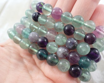 Beautiful Rainbow Fluorite Crystal Beaded Bracelet - 8mm Smooth Round Beads - Natural Purple Green Fluorite Crystal Bracelet #BRCLT#1147