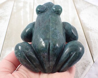Large Natural Ocean Jasper Crystal Frog Carving - Big Heavy Green Frog - 4 Inch Polished Animal Carving - Green White Black OJ #ANMLS#1134