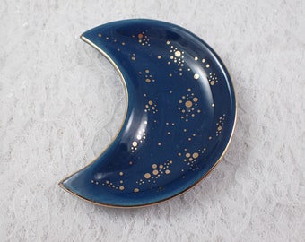 Small Moon Shaped Glass Bowl for Crystals - Navy Blue Gold Dots - Flat Moon Design Tray - 4 Inch Moon Glass Bowl - Navy Gold Dot #BOWLS#1106