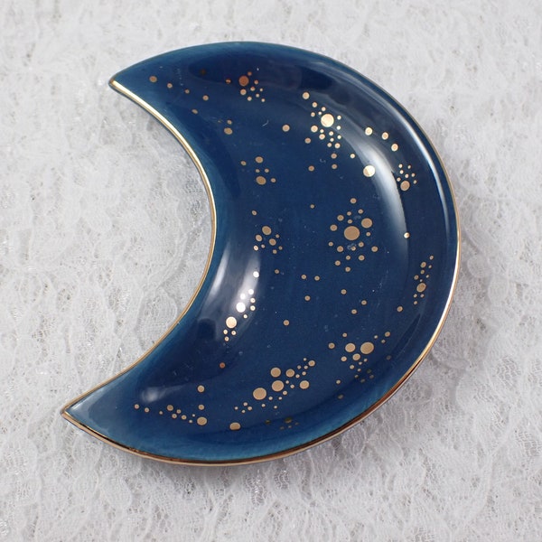 Small Moon Shaped Glass Bowl for Crystals - Navy Blue Gold Dots - Flat Moon Design Tray - 4 Inch Moon Glass Bowl - Navy Gold Dot #BOWLS#1106