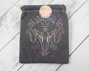 1 Piece Aries Ram Linen Fabric Crystal Pouch - Black White Green Purple - Aries Zodiac Crystal Bag - 4.25x3.5 Inch Aries Ram Bag #POUCH#1039