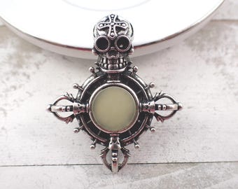 Light Green Jade Silver Metal Pendant - Round Green Jade Cab - 1.75 Inch Silver Metal Pendant - Skull Cross Green Jade Pendant #PNDNT#1062