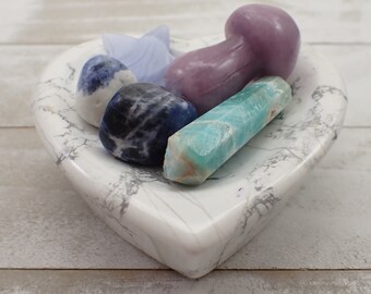 Stress Less Crystal Bowl Set - All Pieces Included - Anxiety Relief Crystals - Howlite Lepidolite Blue Lace Agate - Blue Aragonite Sodalite