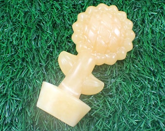 Large Orange Calcite Crystal Sunflower Carving - Tall Standing Potted Sunflower - 4.5 Inches Textured Sunflower Crystal Carving #FLWRS#1005