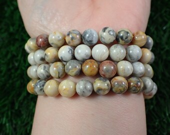 One Crazy Lace Agate Crystal Bead Bracelet - 8mm Smooth Round Beads - Shiny Yellow Orange Gray White - Natural Crazy Lace Agate #BRCLT#1129