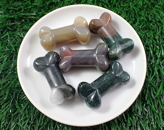 1 Piece Natural Moss Agate Crystal Dog Bones - Green Gray White Red - Thick Smooth Polished - Crystal Dog Bone Carving Agate #ANMLS#1047
